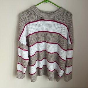American Eagle oversized waffle-knit crewneck sweater tan white pink stripe LG